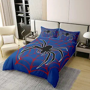 Spider Web Kids Duvet Cover 100% Cotton Twin Size,Black Spider Arachnid Insect Animal Boys Girls Women Men Bedding Set,Halloween Gothic Red Blue Unique Quilt Cover,1 Pillowcase(No Comforter)