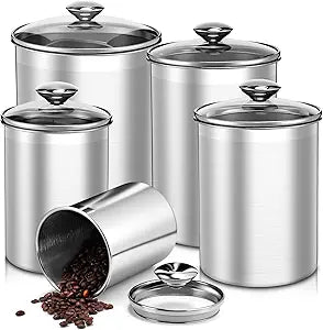 LemonRoad 5 Pcs Stainless Steel Canister with Glass Lids Airtight Food Jar Storage Canister Set (1.0qt / 1.8qt / 2.8qt / 3.9qt / 6.0qt) Food Grade Storage Containers for Kitchen (Silver)