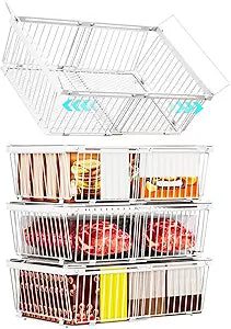 Large Freezer Organizer BinsUpgraded Bottom Leak-Proof net4 Pack Expandable Stackable Chest Freezer Containers with Handlefor Fridge, Deep Freezer, Cabinet, Kitchen, Pantry (White-4Pack)