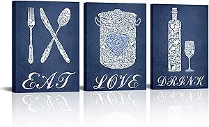 sechars Navy Blue Kitchen Decor Kitchen Accessories Eat Sign Wall Art Modern Blue Dining Room Decorations Pictures Ready to Hang