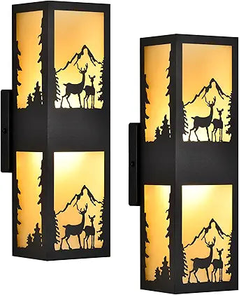 Rustic Exterior Wall Lights with Deer Pattern, Black Outside Lights with Warm Amber Lampshade, Waterproof Up and Down LED Outside Lights for House, Garage, Patio, Front Door, 2 Pack