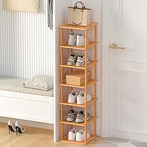 MHXW SXPN Bamboo Free Standing Shoe Rack Shelf Multi Tier Tall Wooden Stackable Shoes Rack Organizer for Closet Front Door Entrance Narrow Vertical Shoe Storage (Nature, 7 Tiers)