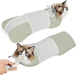 Supet Cat Grooming Wrap for Cutting Nails, Self-Adhesive Anti-Scratch Swaddle with Bite-Proof Mesh Hood & Thick Waist Strap Anti-Escape Bag for Nail Trimming, Medication, Ear Cleaning (Green L)