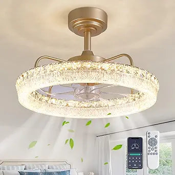 20'' Ceiling Fan with Lights and Remote, 3000-6000K Dimmable Low Profile Crystal Ceiling Fan, 6 Wind Speeds Modern Flush Mount LED Fandelier for Bedroom Living Room, Gold