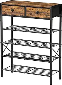Shoe Rack for Entryway, 5 Tier Shoe Organizer with 2 Non-woven Drawers, Metal Storage Shoe Shelf for 16-20 Pairs of Shoes, with Wooden Top and Steel Frame, Shoe Stand for Closet Rustic Brown