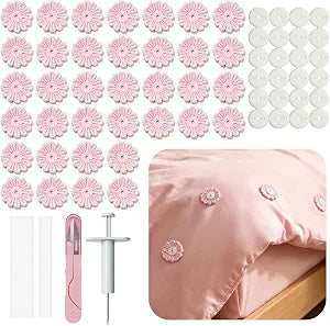 Duvet Clips & Pins Set with Storage Box ��� 600 Pins, 72 Caps, Inserter & 36 Pink Flowers, No-Slip No-Mark Quilt Clips to Hold Comforter Inside, Safe Duvet Cover Fasteners