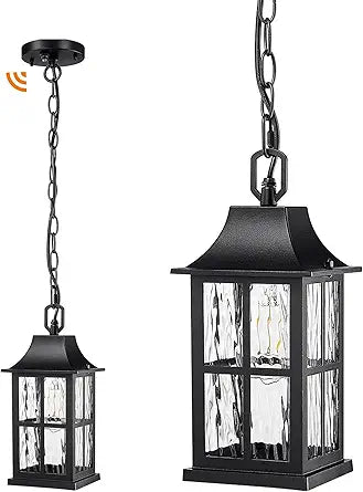 Emliviar Modern Outdoor Hanging Lantern with Dusk to Dawn Sensor, 10.6 Inch Pendant Lighting Fixture for Porch in Black Finish, Water Ripple Glass, YXE306H-PC BK-SW