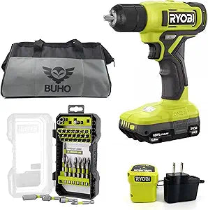 Cordless Drill Set Bundle with Ryobi 18V ONE+ Drill Driver, 3/8 Inch Chuck, 40 Piece Drill Bit Set, 1.5 Ah 18-Volt Lithium-ion Battery, 18-Volt Charger and Buho 16 Inch Tool Bag(PDD209KAR2038BUHO01)