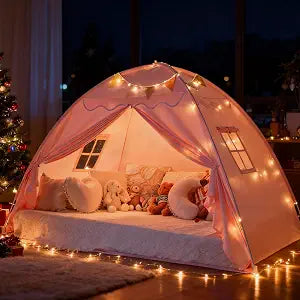 Sumbababy Twin Bed Tent for Kids Indoor, Toddler Bed Canopy with Flags, Twin Size Teepee Tents for Boys Girls Inside Bedroom (Pink)
