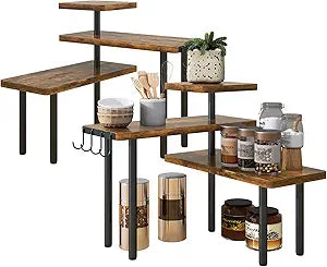IBUYKE Kitchen Countertop Organizer,Set of 2,3-Tier Wooden Spice Racks,Bathroom Counter Organizer,Rotating Adjustable,Corner Shelf for Kitchen,Coffee Bar, Cabinet, Desk,Rustic Brown,TLJ023H-2
