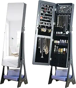 Standing Mirror Jewelry Cabinet,Full Length Mirror Jewelry Armoire Jewelry Organizer Lockable Jewelry Storage for Women Girl Frameless LED Lights 6 Drawers Black