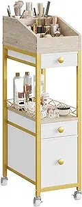 CHOEZON Makeup Organizer Storage Cart with Drawers, Floor-Standing Makeup and Skincare Organizer with Wheels, Bathroom Vanity Make Up Organizers for Brush, Hair Tool, White, Gold, and Natural TCJ90JW