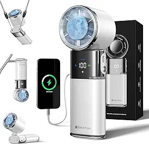 Portable Handheld Turbo Fan with Ice Cooling, 9000mAh Rechargeable Personal Fan, 100-Speed Wind, Built-in Type-C Cable, LED Display,135┬░ Tilt Foldable for Desk/Neck/Travel-White