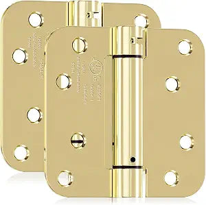 2 Pack Self Closing Door Hinges, 4 Inch Spring Loaded Door Hinges for Garage, Front, Back Door, Left/Right Hand, Adjustable Tension, 5/8'' Radius Corners, UL Listed, Gloden