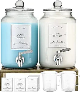 2-Pack Glass Laundry Detergent Dispenser with Stand, 106oz Leak-Proof Glass Fabric Softener Dispenser- Laundry Soap Dispenser-Reusable Container for Kitchen & Bathroom Storage