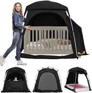 Blackout Crib Tent for Pack & Play, Toddler Travel Bed | Hush Shade for Silent Entry, 2 Tall Mesh Doors & Top Vent, Fan & Monitor Pockets, Extends to Twin Mattress