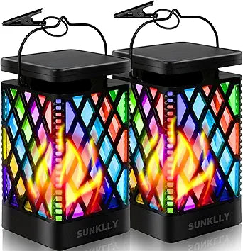 Solar Lanterns-Sunklly Hanging Solar Lights Color Changing & Fixed 9 Modes Waterproof Hanging Lanterns Outdoor Lights Flickering Flame Camping Lanterns Decoration for Garden Patio Pathway(2 Pack)