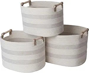 RGI Home Storage Baskets for Organizing, Textured Linen and Fabric Rope, Set of 3 Oval Decorative Woven Bins, Multi-Sized with Easy-Carry Premium Wooden Handles, Cream with Ivory Trim