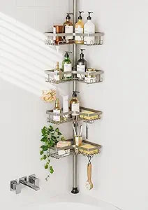 KEGII Shower Caddy Tension Pole, 4-Tier Rustproof Adjustable Corner Bathroom Organizer for Renters, 25114.2 Inch No Drill Space-Saving Shower Storage Rack, Silver Gray
