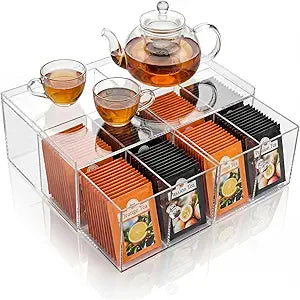 Novabright Large Acrylic Tea Bag Station Organizer for Countertop Clear Tea Bag Drawer Drink Packet Box Holder Organizer and Storage for Office Kitchen Counter Cabinet Pantry Organized Storage