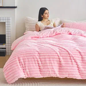 Besfunny Pink Plush Comforter Cover Full Size ���Fluffy Striped Bedding 2pcs Set���1 Fuzzy Duvet Cover + 1 Fur Pillow Cases ��� Faux Fur Luxury Bed Set (Pink, Twin)