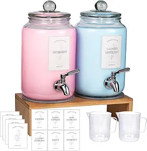 2 Pack Glass Laundry Detergent Dispenser,Sturdy glass Fabric Softener Dispenser With Leak Proof Pump,Reusable Container & Bamboo Stand-108Oz Big Laundry Soap Container For Washer Room Organization (2)