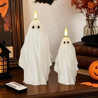 Halloween Decorations, Ghost Flameless Pillar Candles with Remote, Set of 2