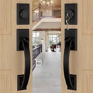 Goldenwarm Double Front Door Lock Set, Oil Rubbed Bronze Double Door Handle with Dummy, Double Front Door Hardware Set with Reversible Handle Lever