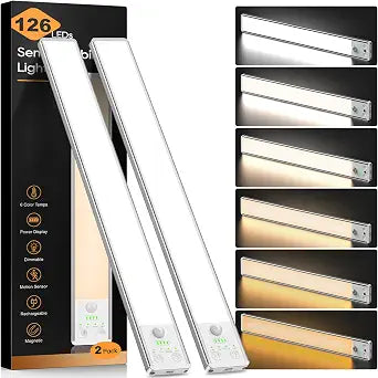 14.7 Inch Under Cabinet Lighting, 6 Color Temps Motion Sensor Light Indoor, LED Power Display Rechargeable Battery Operated Closet Light, Magnetic Dimmable Under Counter Lights for Kitchen-2 Pack
