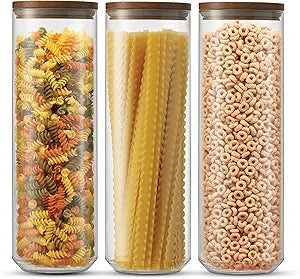 JoyJolt Holden 72oz Stackable Glass Storage Containers with Lids, Large Kitchen Food Storage Canisters with Acacia Wood Lids, Airtight Canister Set of 3 for Pasta Sugar Flour, Pantry Organization