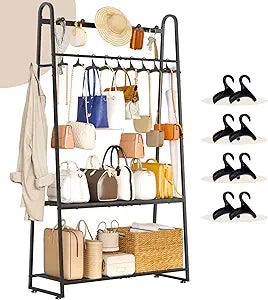 KAFAHOM Purse Organizer for Closet, Heavy Duty Coat Rack freestanding for Entryway, Oversized Bag Shelf, Purse Holder for Hanging Strap Handbags, Clothing, Ideal Storage for Small Space Solution
