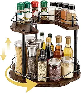 PH PandaHall 2-Tier Susan Organizer Spice Rack Adjustable Rotating Lazy Susan Organizer Flower Shape Wooden Turntable Organization for Kitchen Cabinet Pantry Seasoning Storage, 11.8x11.8x8.7 inch