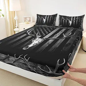 Deer Skull Fitted Sheet Full Size,American Flag Bedding Set,Hunting Animals Elk Antler Bed Sheet for Kids Boys Men Adult Room Decor,Rustic Cabin Wood Stripes Black Deep Pocket Sheet,2 Pillowcases