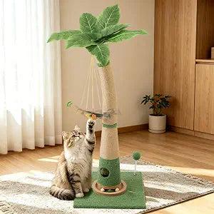 Cat Scratching Post, 35 inch Tall Scratcher Tree with Hanging Bird Toy, Hide Mouse Hole, Interactive Track Balls, Natural Jute Scratching Post for Indoor Adult Medium & Small Cat Breeds