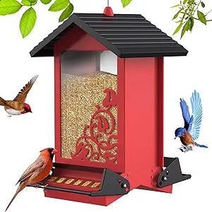 Squirrel Proof Bird Feeder for Outdoor Hanging,Metal Bird Seed Feeder with Bilateral Weight Activated Perches,5LB Large Capacity Wild Bird Feeders for Outside,Easy Refill and Clean,Red