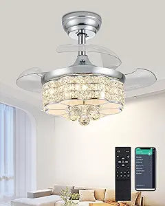 30" Crystal Chandelier Ceiling Fan, Dimmable Retractable Ceiling Fan with Lights, Crystal Fandeliers with Lights and Remote for Bedroom Living Room, Chrome