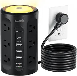 Power Strip with Night Light, Extension Cord with Multiple Outlets (12AC+3A+2C), 10 FT Desk Power Strip Tower Charging Station for Home, Office, College Dorm Essentials