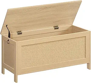 HOOBRO 39.4'' Storage Bench, Large Toy Box, Storage Chest with Faux Rattan Decoration, Toy Storage Organizer, Safety Hinge and Sturdy Support, for Living Room, Bedroom, Natural NL101CW01