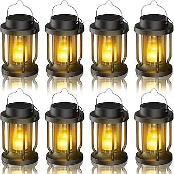 Solar Lantern Outdoor & Indoor Use  Hanging Solar Lights with Realistic Flickering Flameless Candle, Weatherproof for Gardens, Patios, Trees, and Lawns (Black, 8 Pack)
