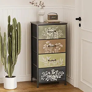 Tohomeor Vintage Dresser Vertical Nightstand with Neutral Botanical Plant Fabric Chest Drawers for Closet Bathroom Storage Tower Unit Bed Side Organizer Farmhouse Rustic (Multi, 4 Drawers)