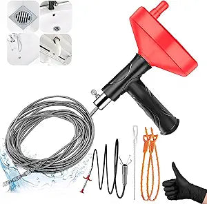 Drain Snake Auger 33 Ft, Plumbing Snake Drain Hair Clog Removal Tool, Heavy Duty Snake Auger, Sink Unclogger Drain Cleaner Tool for Bathroom Kitchen Tub Shower Drain Clog Remover with Gloves, Red