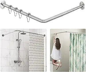 L Shaped Shower Curtain Rod, Adjustable (23.6"-52.4" x 23.6"-52.4"), Corner Shower Curtain Rod, Genuine 304 Stainless Steel, Unsagging, Drill-Free, 90 Corner Design, Includes 12 Shower Curtain Rings