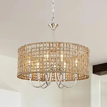 LynPon 17.7" Brushed Nickel Boho Rattan Chandeliers for Dining Room, 6-Light Seagrass Pendant Light Fixtures with Hand Woven Wicker Shade, Farmhouse Drum Chandelier for Living Room Kitchen Hallway
