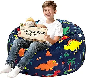 Lukeight Dinosaur Stuffed Animals Storage Bean Bag Chair Cover for Kids Teens, Cozy Velvet Plush Toy Organizer Seat, Cover Only, No Filling Included, Long YKK Zipper, Side Pocket, XX-Large 36 x 20 in