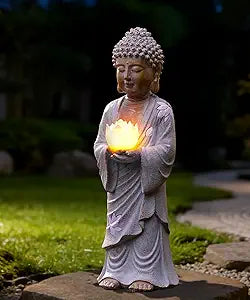 Nacome Solar Buddha Garden Statues with Lotus Flower: Resin Zen Decor Waterproof Sculpture Outdoor Light Design for Outside Patio Lawn Yard Balcony - 14.6 inches(White)