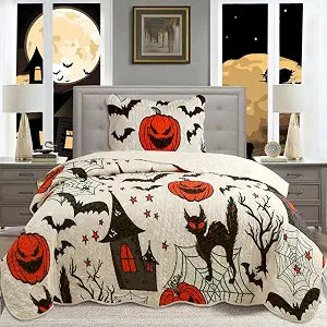 MarCielo Kids Halloween Themed Quilt Bedspread Set Pumpkins, Black Cats, Bats, Haunted Houses ME503 (Twin)