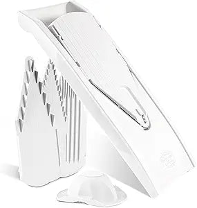 Brner by Reston Lloyd Mandoline Slicer V1 (Starter Set)  V-Slicer with 5 Thickness Settings & Food Holder  Adjustable Kitchen Slicer for Vegetables & Fruits  Color: White