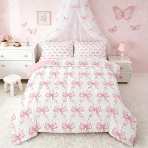 Feelyou Pink Bow Bedding Set Twin Size Pink Girls Bow Comforter Set for Kids Women Ultra Soft Cute Bowknot Comforter Kawaii Princess Room Decor Bow and Stripes Quilt, 1 Pillowcase