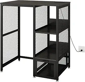 METYERRY Kitchen Bakers Rack with Power Outlet, Microwave Stand with Drawer, Mini Fridge Stand with Adjustable Shelves,Mini Fridge Cabinet Suitable for Dining Room, Dorm,Home, Black