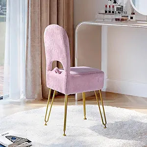 Pink Vanity Chair with Storage and Back for Teens - Faux Fur Makeup Vanity Stool, Foldable Ottoman Seat with Anti-Slip Metal Legs for Girls Bedroom, Dorm, Entryway, Living Room